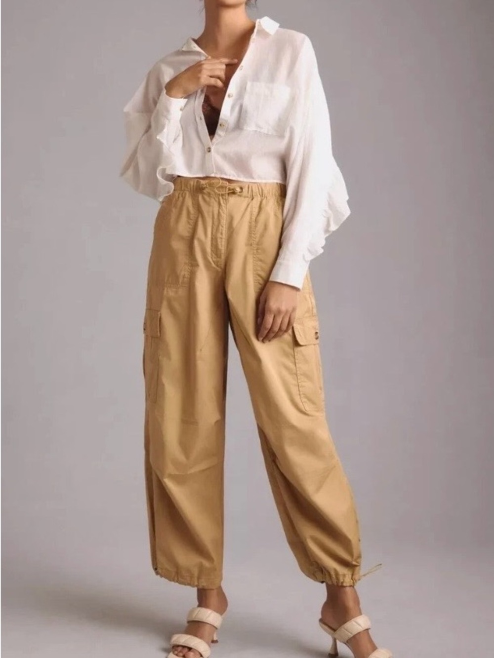 Pilcro by Anthropologie White Ruffle Back Button Front Cropped Blouse Medium Boh